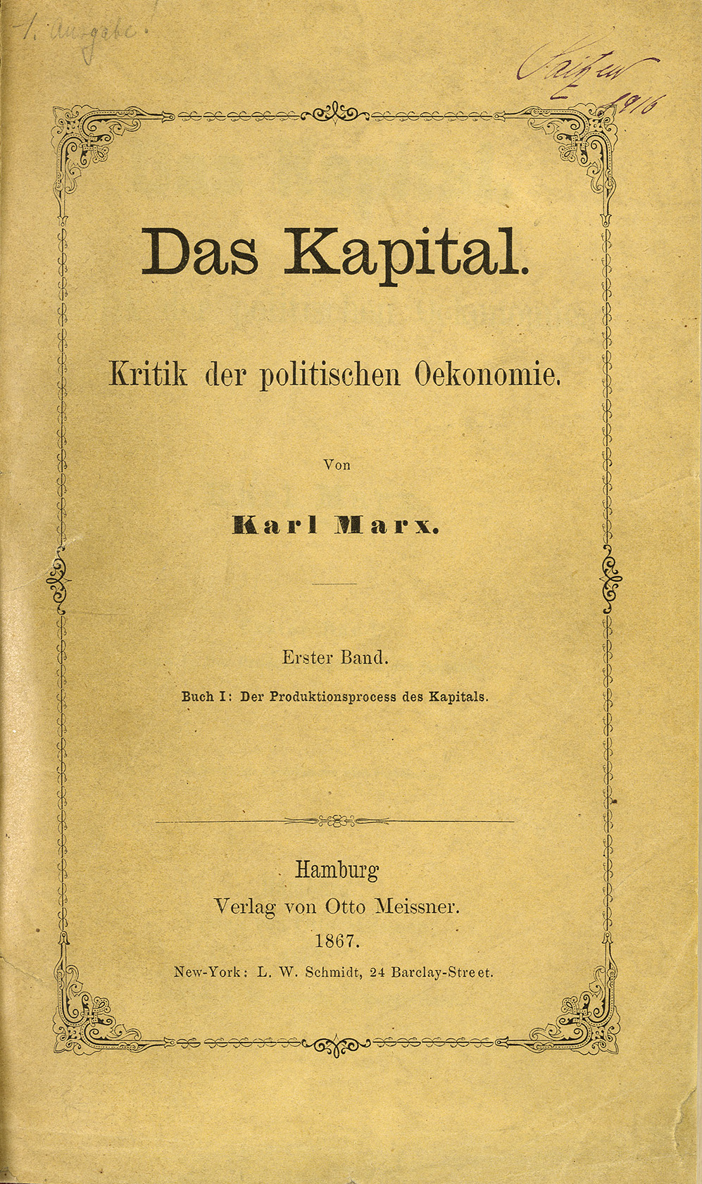 Page de titre de la première édition de Das Kapital, Hambourg, Otto Meissner, 1867.