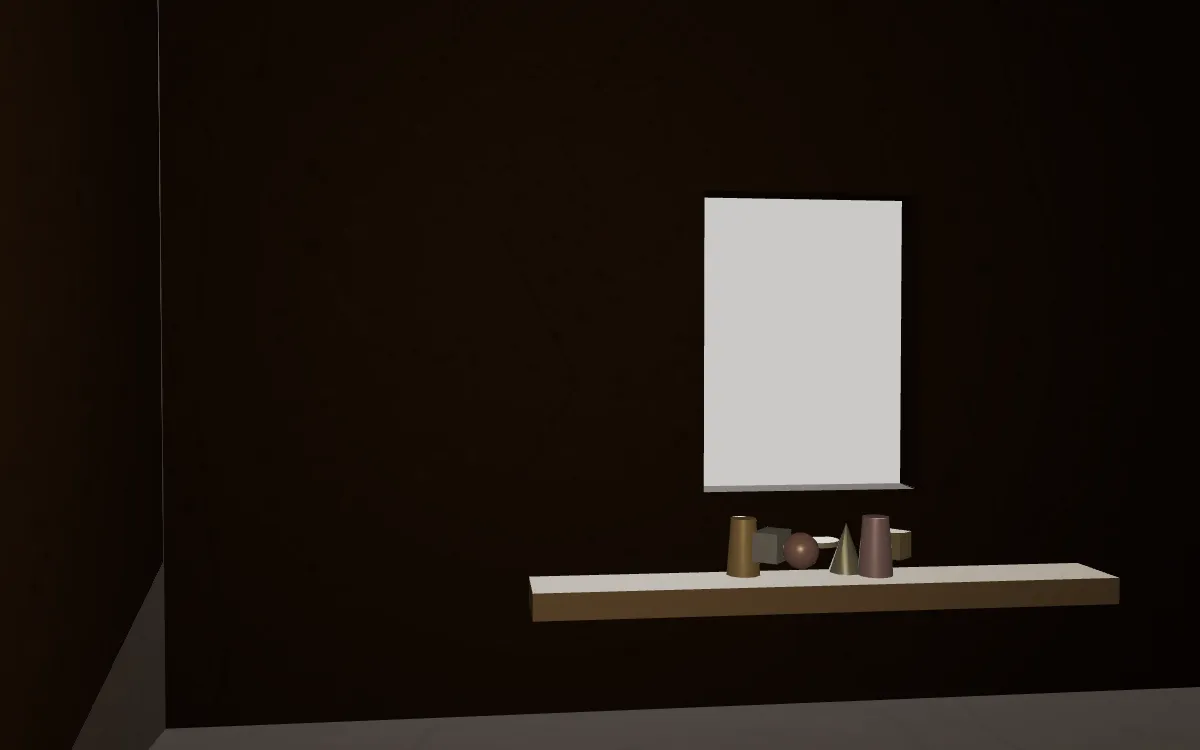 L'intérieur d'une pièce au plâtre sale : une fenêtre dont l'ouverture se resserre, et sur son rebord une rangée de petits objets serrés les uns contre les autres.