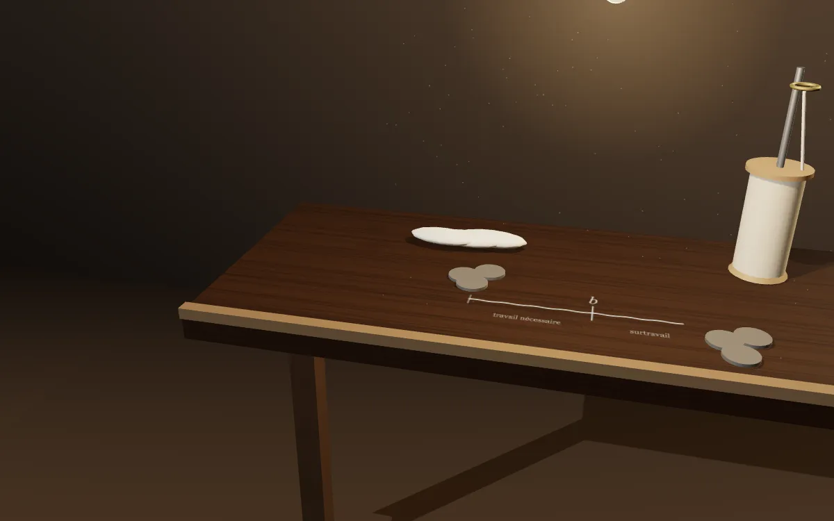 Le bout d'un établi sous une lampe : une broche, une bobine de fil qui grossit, du coton, quelques pièces, et à la craie sur le bois une ligne droite marquée a, b et c.
